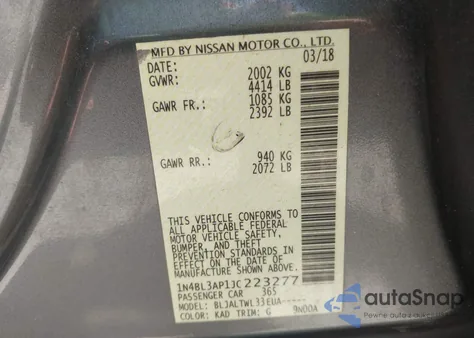 2018 Nissan Altima 3.5 Sl z USA, uszkodzony, nr VIN 1N4BL3AP1JC223277